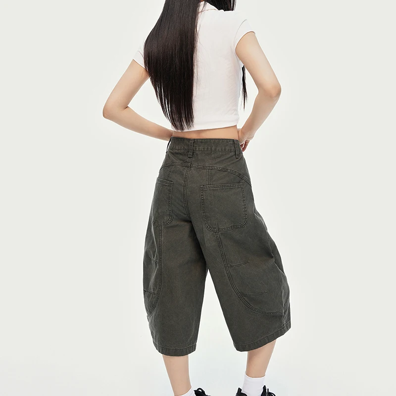 High quality 100% cotton summer women's straight leg loose denim cropped pants, trendy and personalized wide leg pants for girls