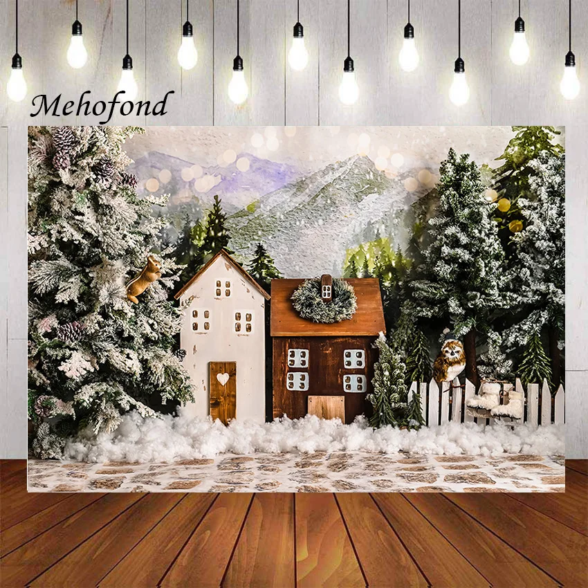 Mehofond Photography Background Christmas Wonderland House Winter Snow Pine Tree Kid Family Portrait Decor Backdrop Photo Studio