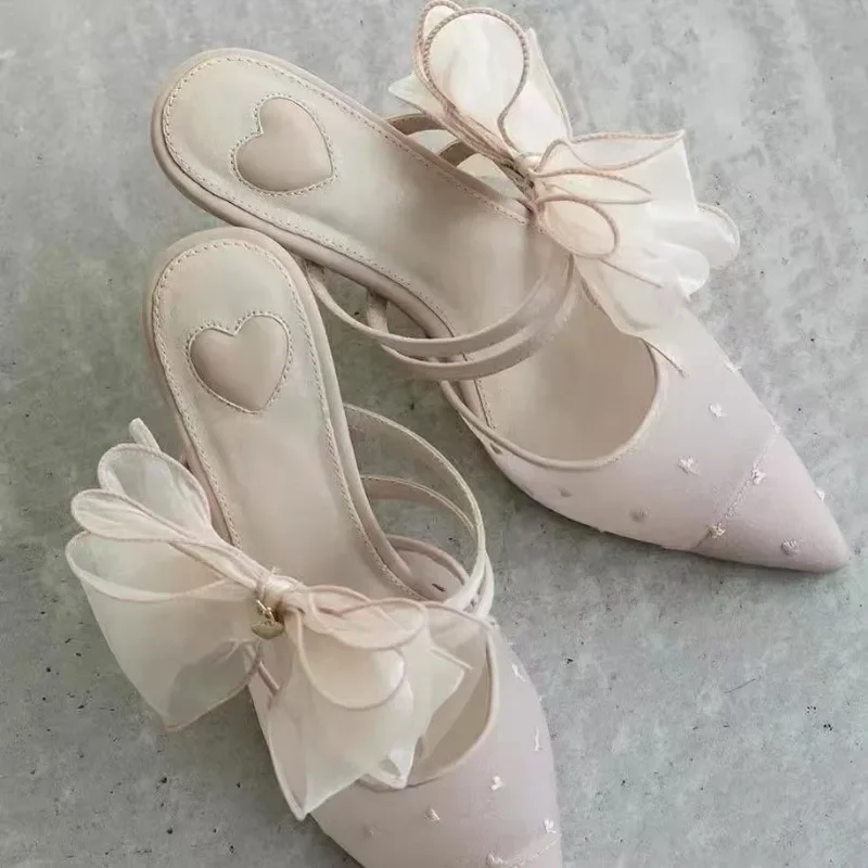 

Женские босоножки на высоком каблуке с сетчатым бантом летом 2025, сексуальные женские тапочки на высоком каблуке с острым носком