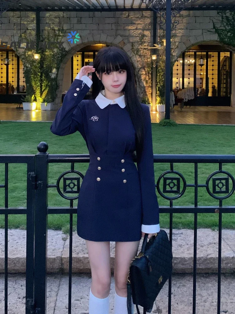 

Saliency Preppy Style Fake Two Pieces Mini Shirts Dress Women Aesthetic Vintage Long Sleeve One-Piece