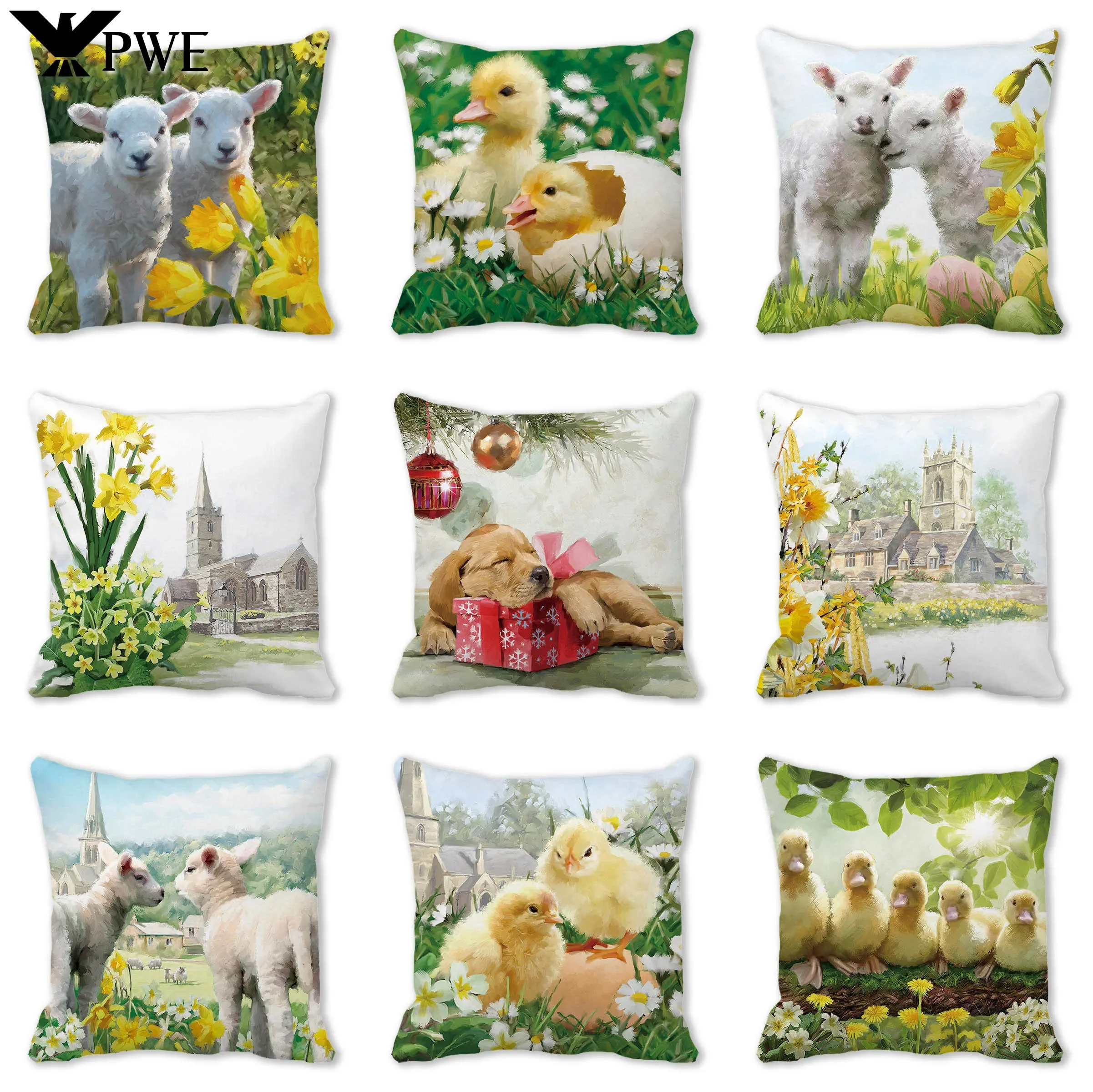 45x45cm Spring Summer Fairy Tale Cute Animal Cat Dog Duck Sheep Printed Polyester Cushion Cover Decorative Sofa Pillow Cover