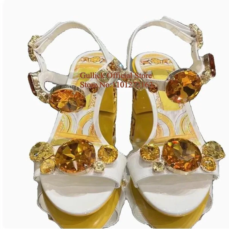Bohemia Style Rhinestones Gem Chunky Heels Sandals Yellow Printed Leather Open Toe Ankle Strap Women Runway Shoes 10cm 6cm