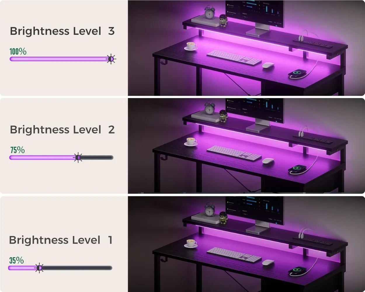 AODK con luci a LED e presa di corrente, scrivania per Computer da 40 pollici con cassetto, scrivania reversibile con ripiano per Monitor regolabile Fr Home Office