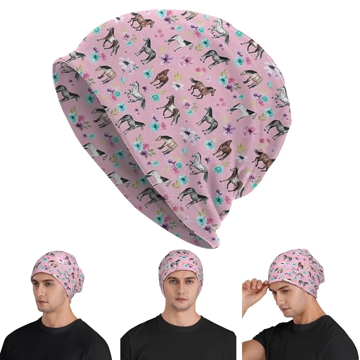 

Horses And Flowers On Pink Skullies Beanies Hats Warm Autumn Winter Outdoor Cap Knitted Bonnet Caps for Men Women Adult