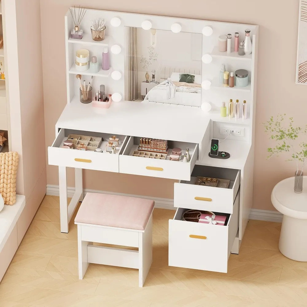 

Makeup Vanity Desk Vanity Set with 10 LED Bulbs Lighted Mirror Makeup Vanity Table Set with Charging Station Nightstand