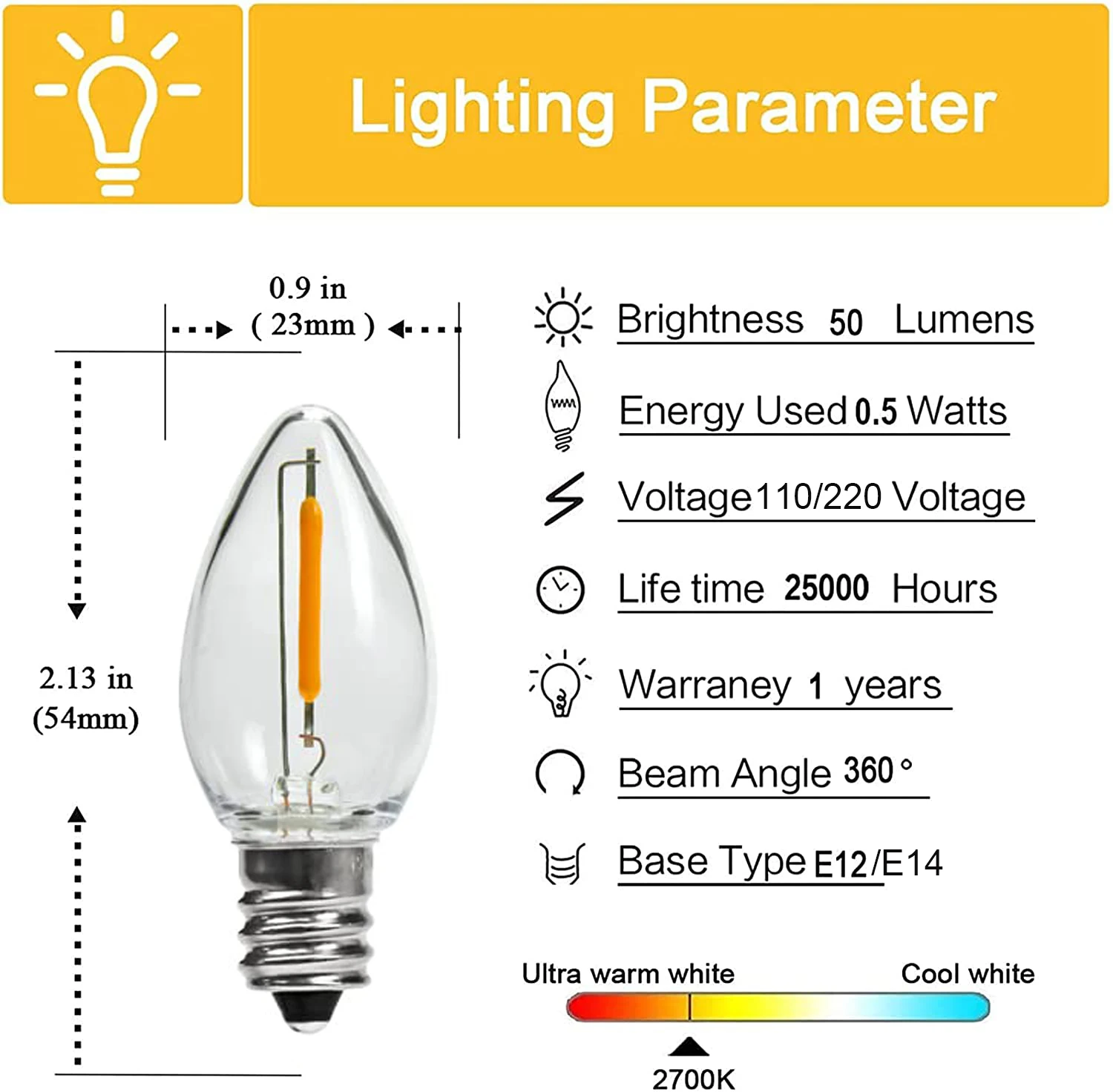 25PCS LED Edison Bulb E12 C7 Christmas Replacement Plastic Bulb 220V 0.5W warm white 2700K Night Light Bulbs for String Light