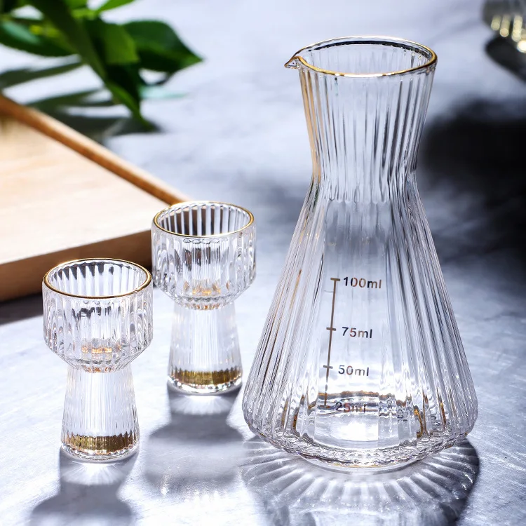 New Chinese Striped Waist Wine Decanter Set with Gold Trim 1 Pot 1 Cup for Home Bar