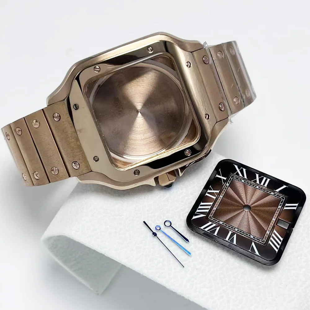 

38mm square watch case made of stainless steel, without any logo, 27mm dial. Compatible with NH36 and NH35 movement watch parts.