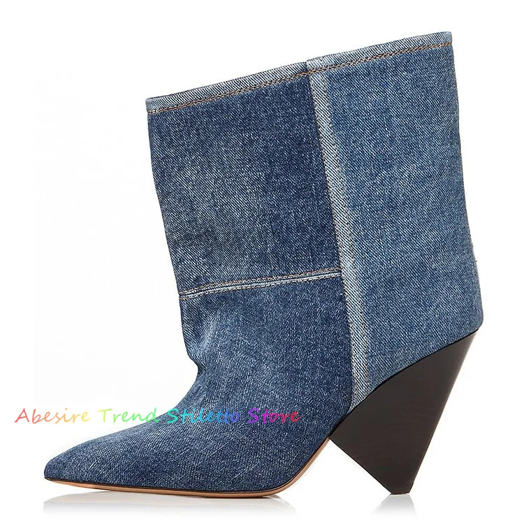 Blue Denim Patchwork Pointed Toe Cone Heel Ankle Boots Women Fashion Runway Thick Heel Designer Brand Ladies Short Boots