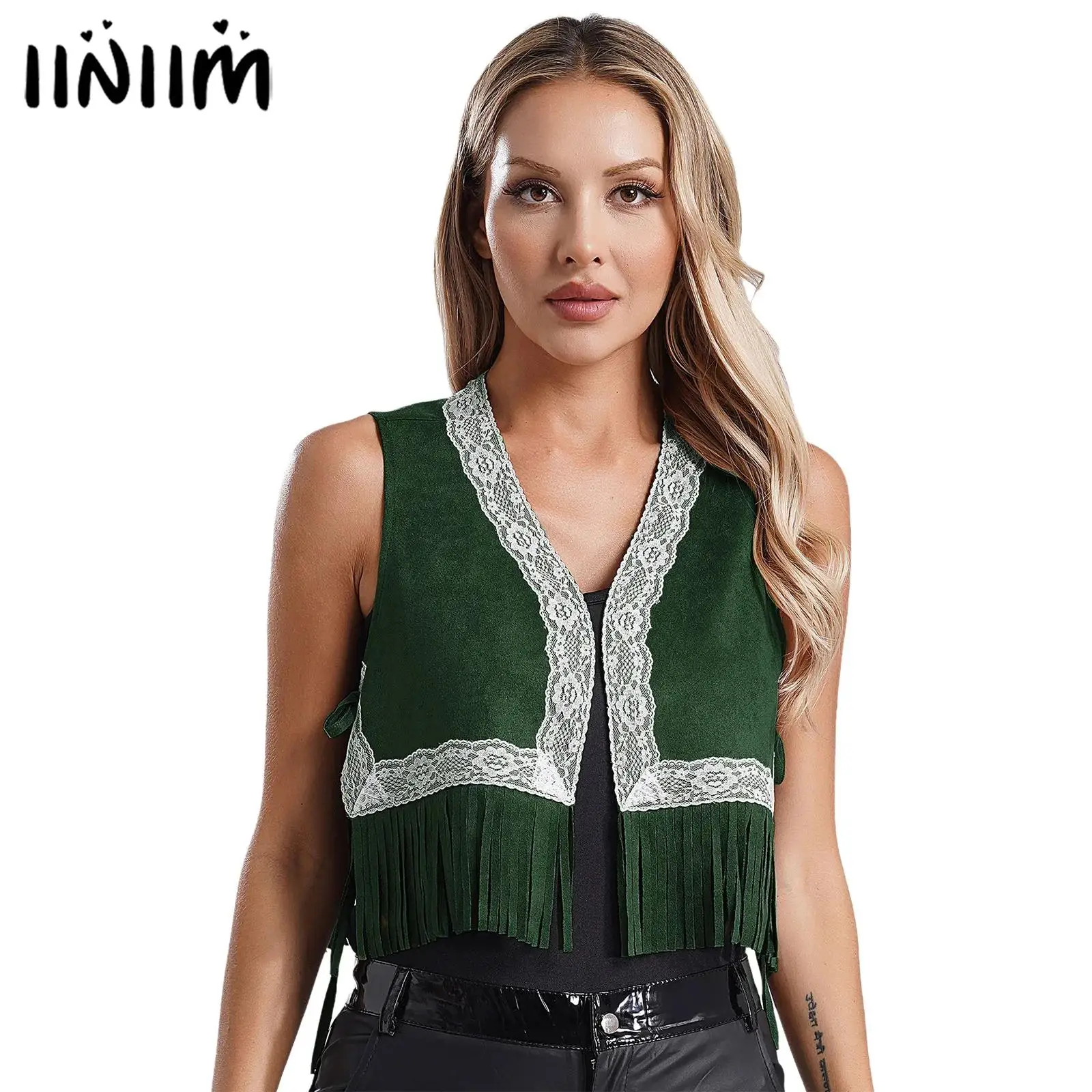 Womens Western Cowgirl Gothic Cosplay Costume Vest Waistcoat V Neck Open Front Lace Trim Tassel Trim Tank Top Crop Top Clubwear