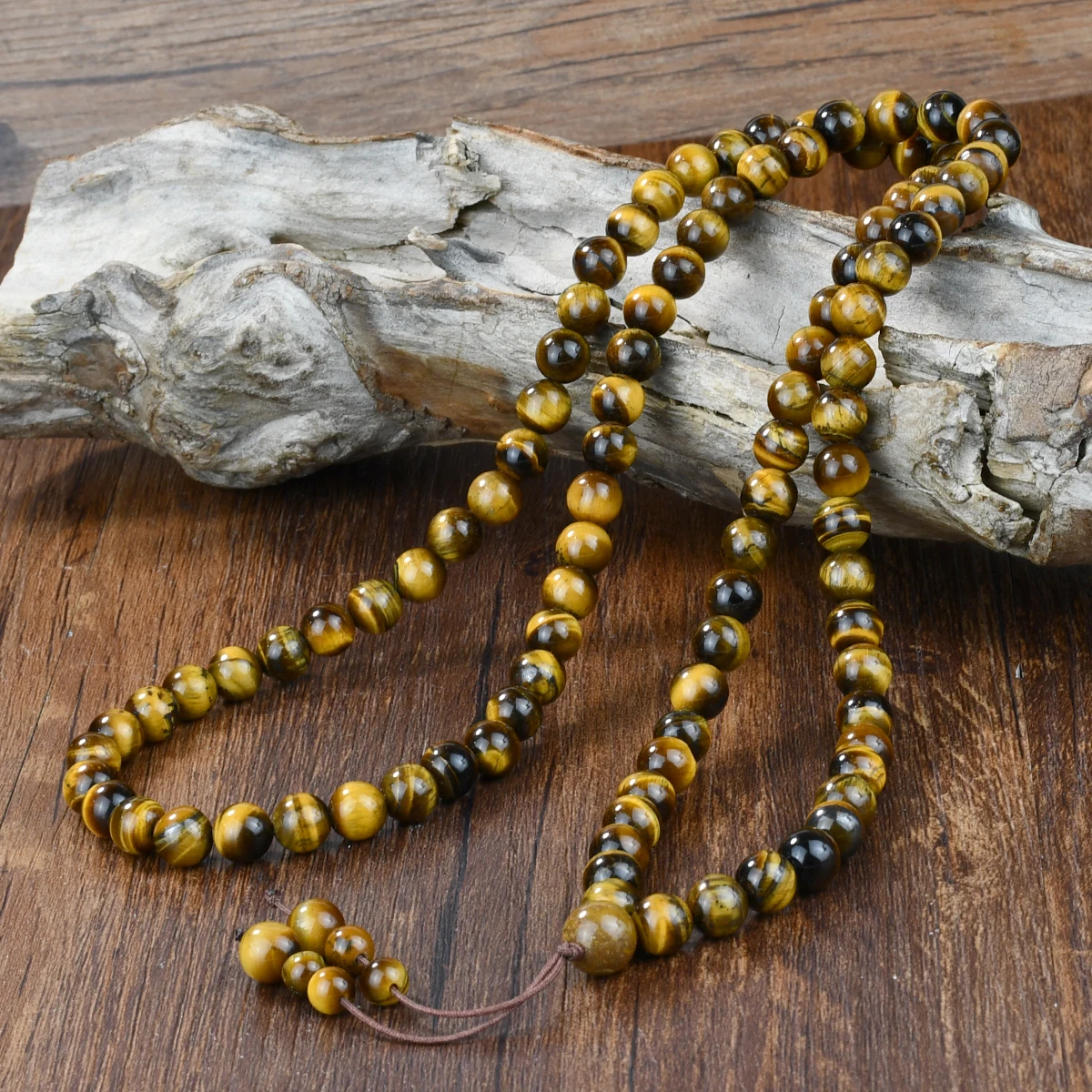 Yumfeel Natural A Grade Tiger Eye Stone Beaded Long Necklace 99pcs Rosary Three-Loop Bracelets Ramadan Handmade Jewelry Gift