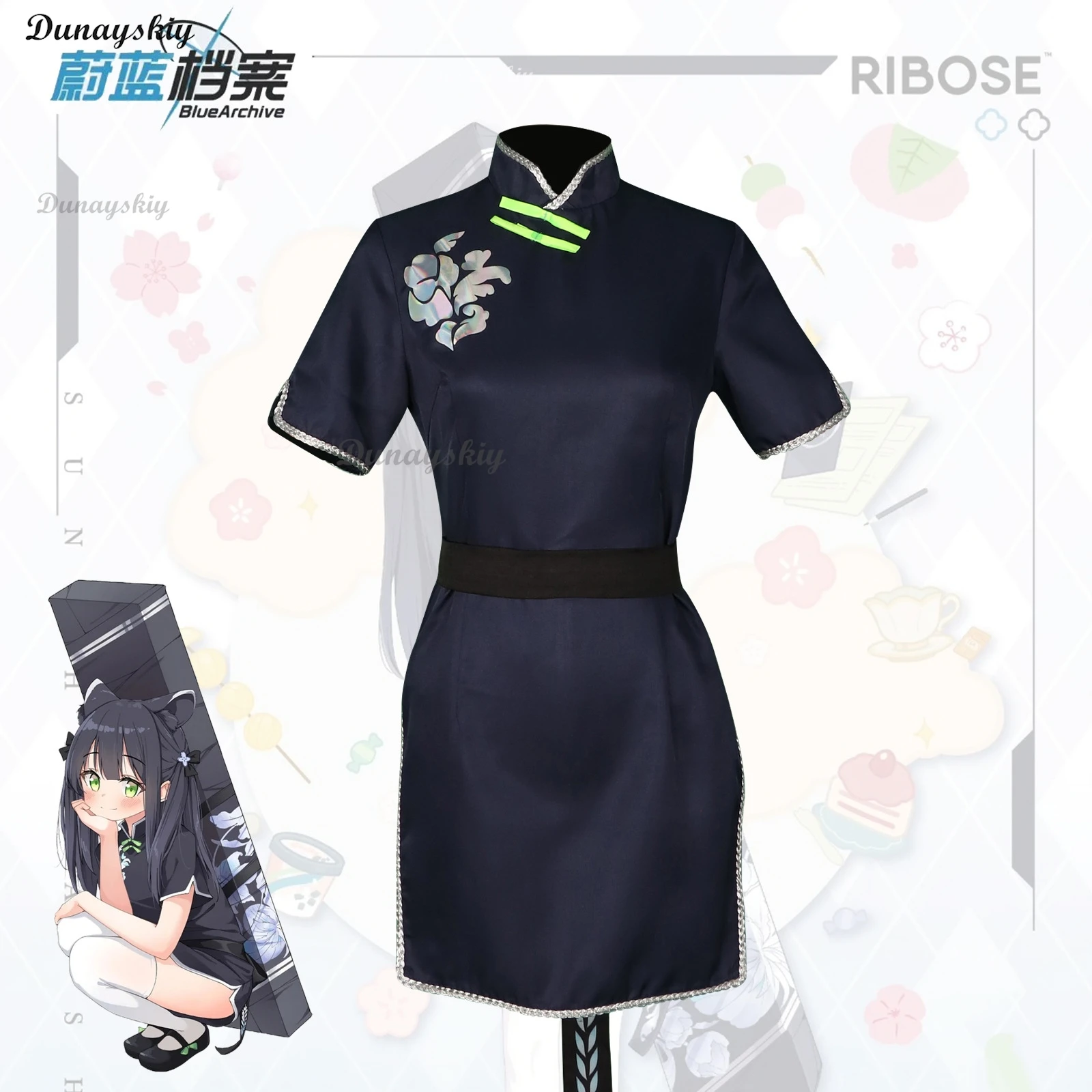 Anime Blauw Archief Cosplay Sunohara Shun Chilhood Cosplay Pak Donkerblauw Cheongsam Jurk Haarspelden Vrouwen Halloween Rollenspel