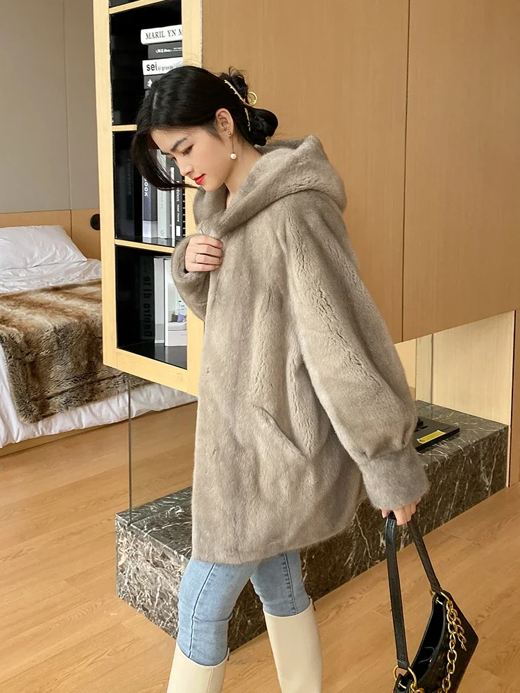 Winter New Imported Velvet Young Marten Overcoats Women\'s Mid-Length Whole Mink Hooded Mink Skin Fur Coat