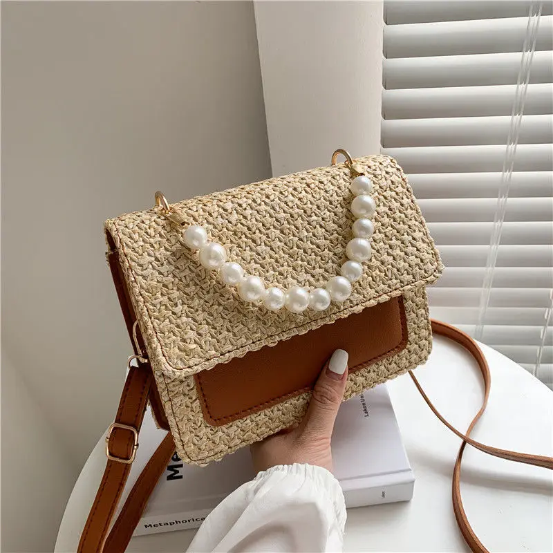 Crossbody Bag Women Designer Shoulder Bag Female Handbag Purse Straw Beaded Fashion New PU Leather Simple Contrast Color