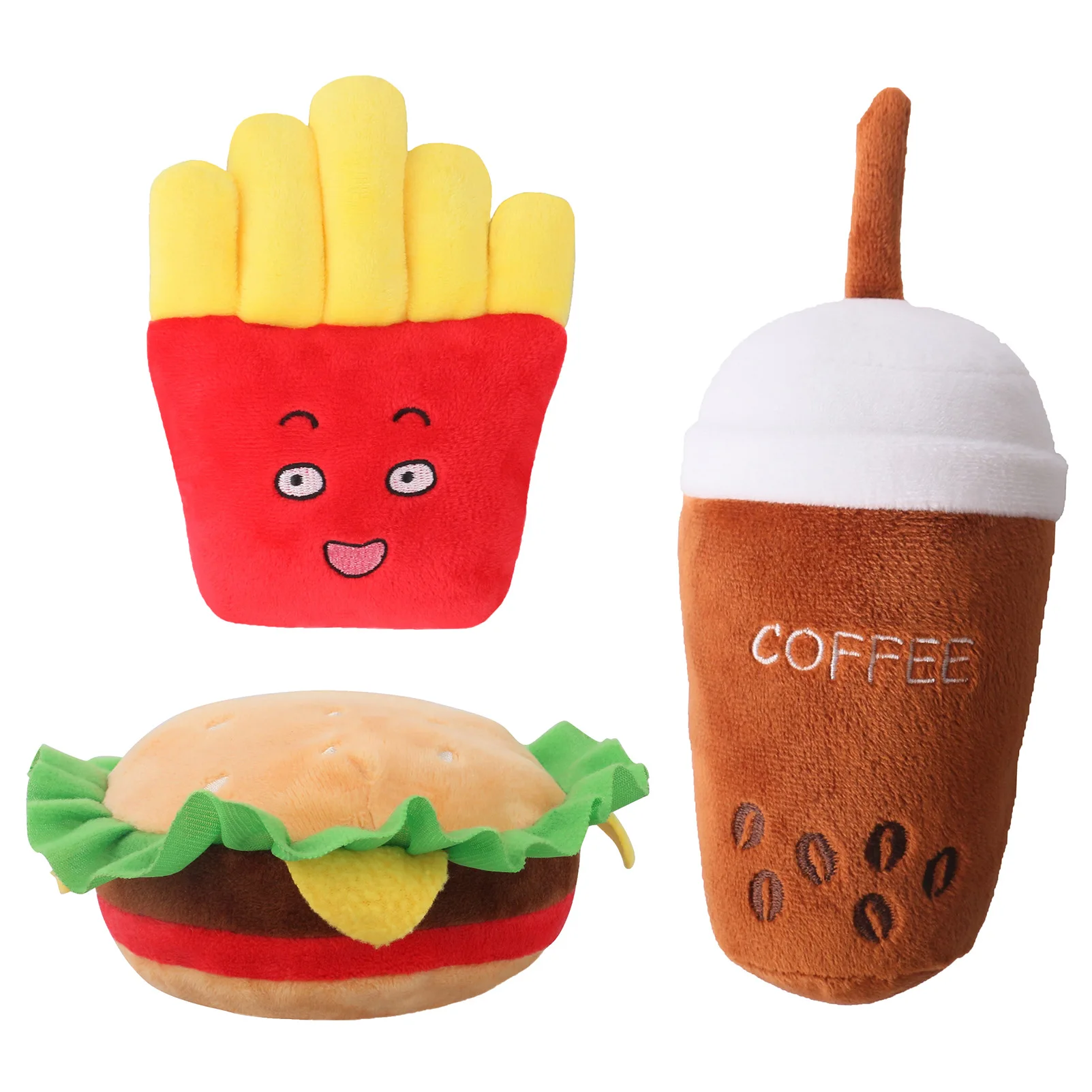 Dog Plush Toy Squeaky Plush Stuffed Food Fast Food Fries Burger Coffee Cup Pet Dog Toys Fleece Squeak Toys