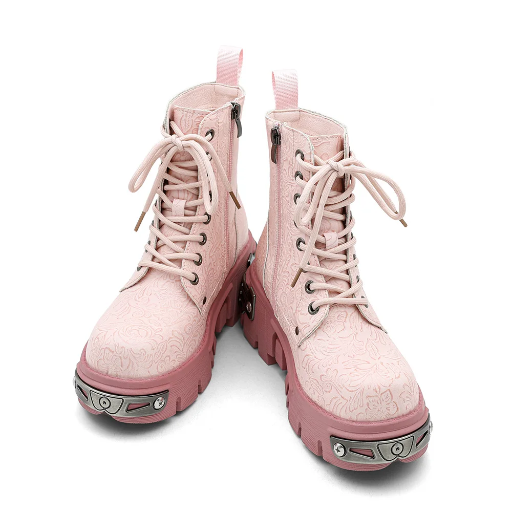 New Punk Women's Platform Ankle Boots Female's Rock Round Toe Lace Up Woman Fashion Retro Chunky Shoes Metal Decor Short Boots view 3