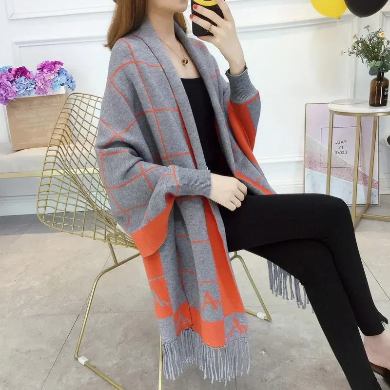 Europe Style Plaid Trendy Woolen Women\'s Plaid Cape Coat Open Front Blanket Shawls Wraps Sweater Poncho For Winter Cloak