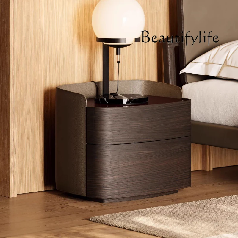 

Italian minimalist bedside table solid wood new high-end bedroom designer light luxury saddle leather storage cabinet