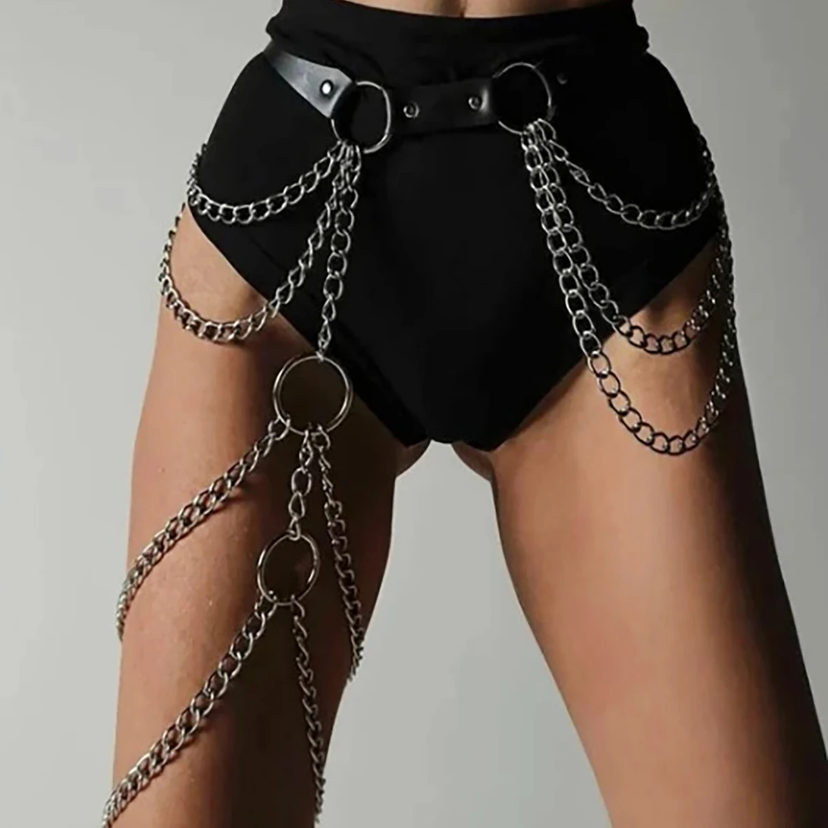 Gothic Punk Schwarzer PU-Ledergürtel mit Fransen, verstellbare Harness-Taillenkette für Frauen, Rockabilly Halloween Festival-Zubehör