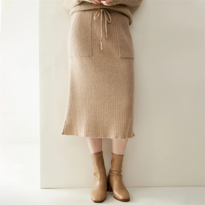 

Women's 100% Cashmere Skirts Office Lady Autumn Winter Basic Fit Knitted High Waist Straight Skirt Grace Pocket Warm Soft Dress