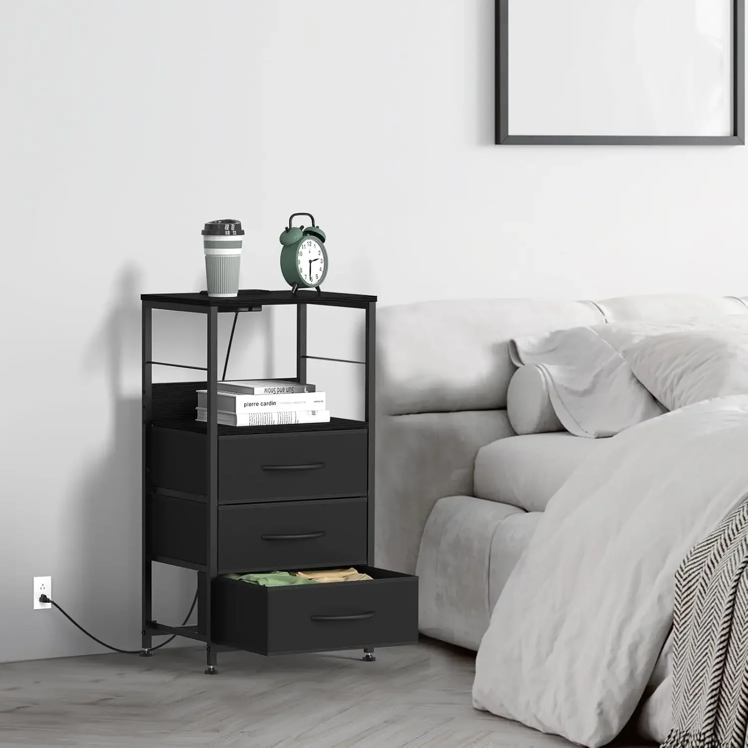 Tall Night Stand with Drawers, Black Nightstand with Charging Station End Table with USB Ports and Outlets Bedside Table