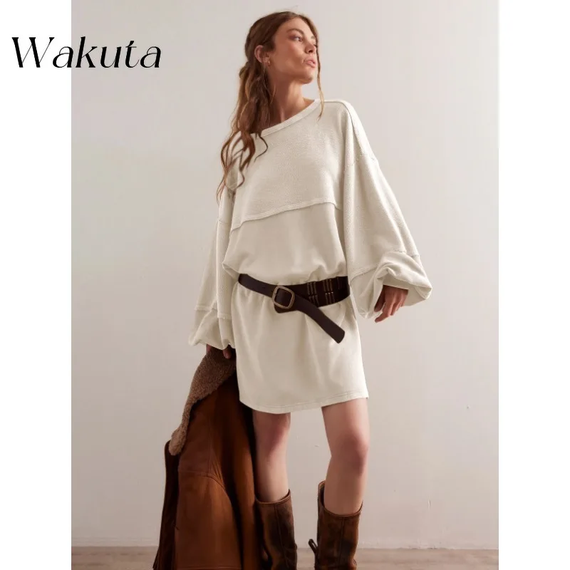 WAKUTA Fashion Patchwork Round Neck Lantern Sleeves High-end Hoodies Casual Loose Slit Comfortable Extended K Pop Sweatshirts