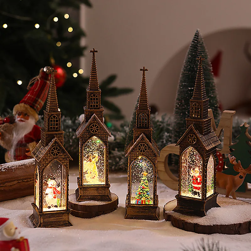 

Christmas Lantern with LED Lights Water Filled Church Santa Decor Creative Electronic Glowing Ornament FestiveChristmas Gift