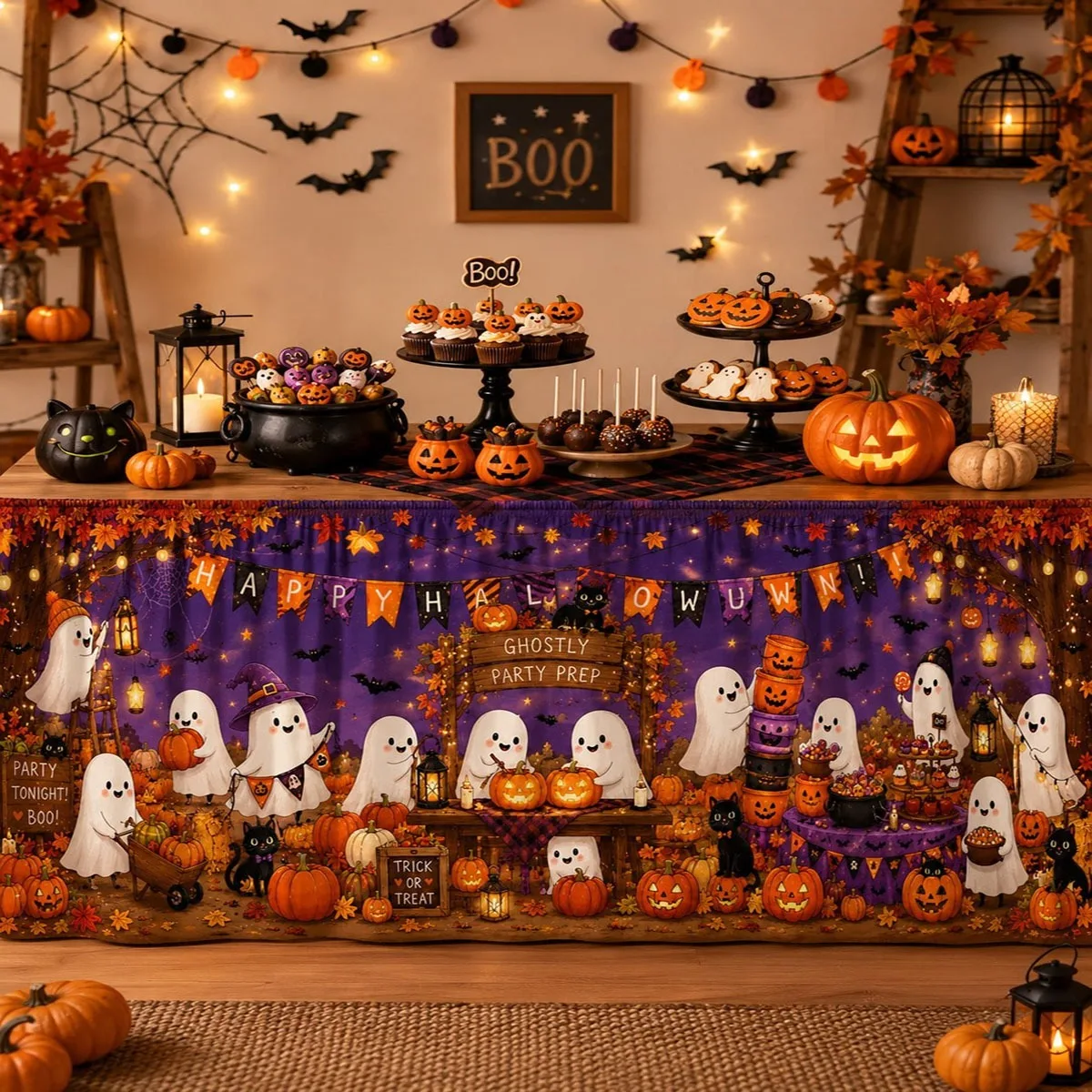 1PC send a tablecloth, table skirt, Halloween ghost send a table skirt, purple retro Halloween tablecloth table skirt