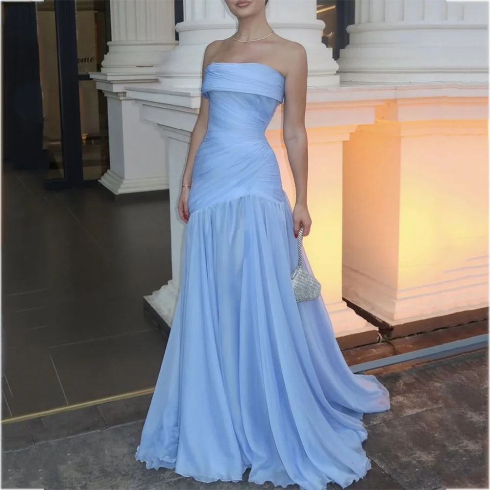 

Graceful Blue Prom Dresses For Women A-Line Fashion Strapless Sleeveless Floor Length Banquet Formal Party Gown Modern Style