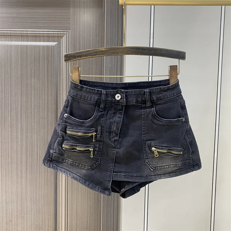 New irregular slim denim shorts stretch zipper pocket fashion shorts women