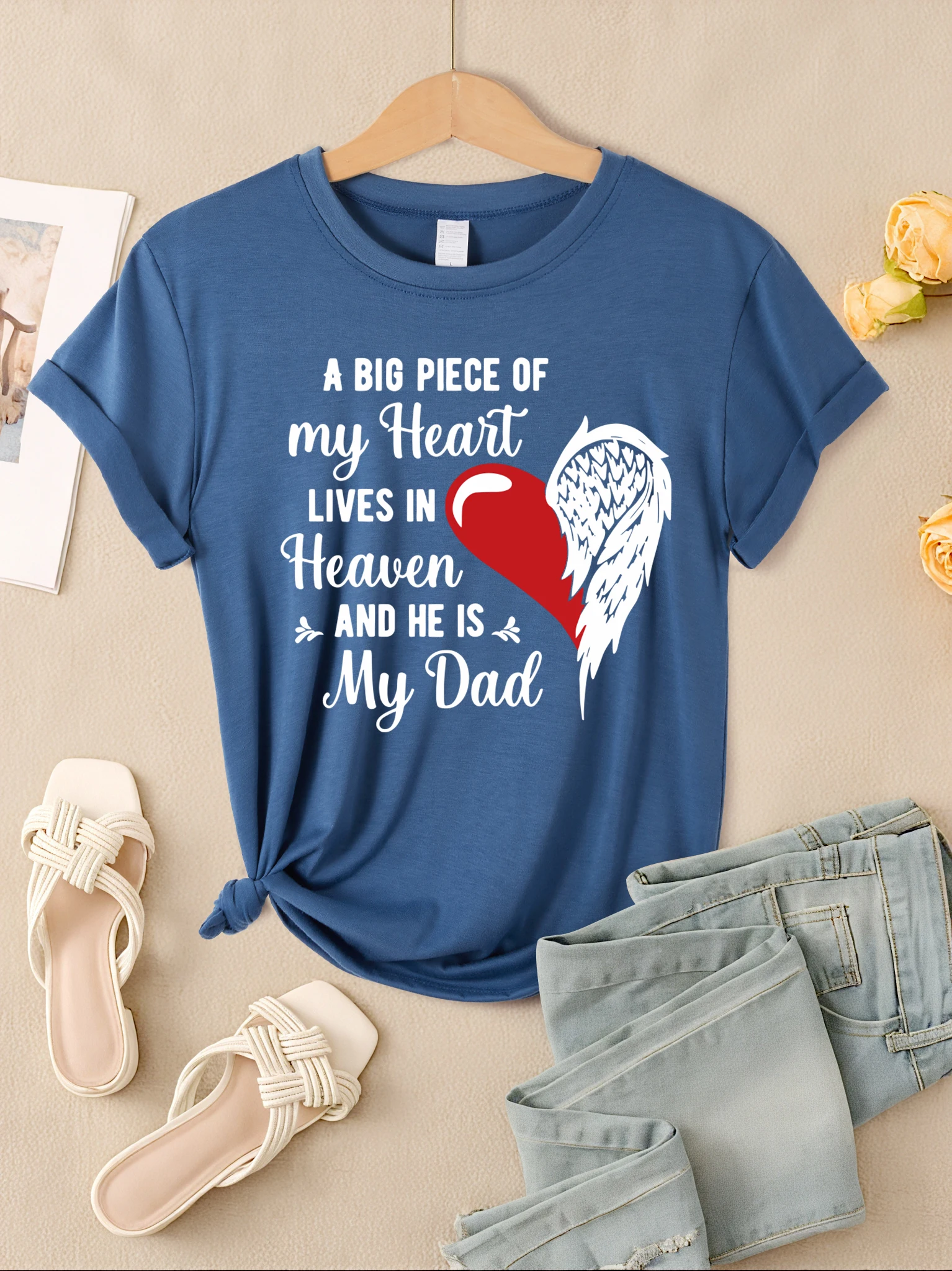 A Big Place Of My Heart Lives In Heaven Love Wings Prints  Women T-Shirt All-Match Casual Short Sleeve Hip Hop Loose T Shirts