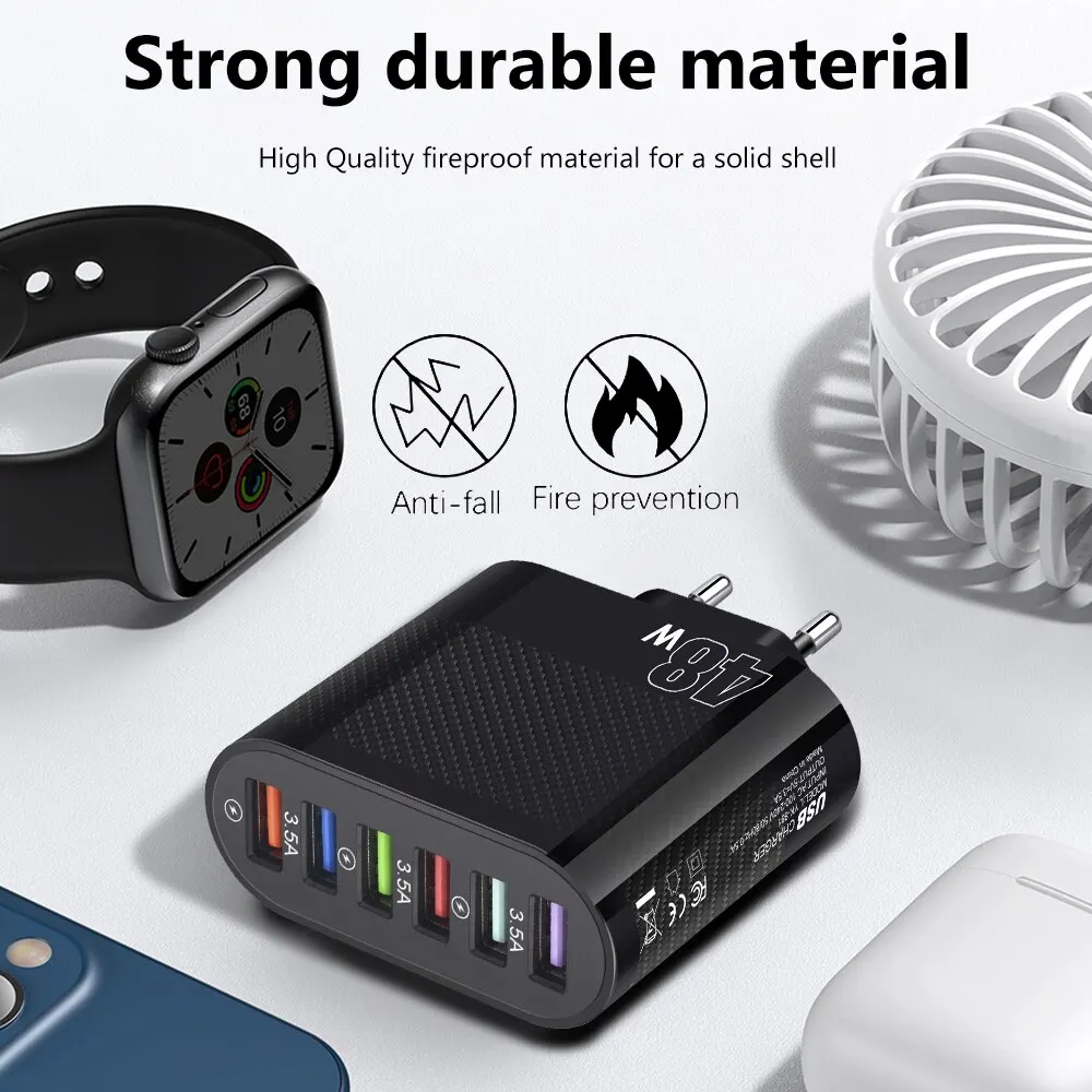 US/EU Plug 48W USB Fast Charger 6 Port USB Charger Adapter Quick Charge 3.0 Fast Charging For iPhone Samsung Xiaomi Mobile Phone - náhled 4