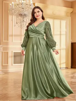 Lucyinlove plus size luxo verde com decote em v lantejoulas vestido de noite elegante feminino festa maxi vestido de manga longa vestido de cocktail baile