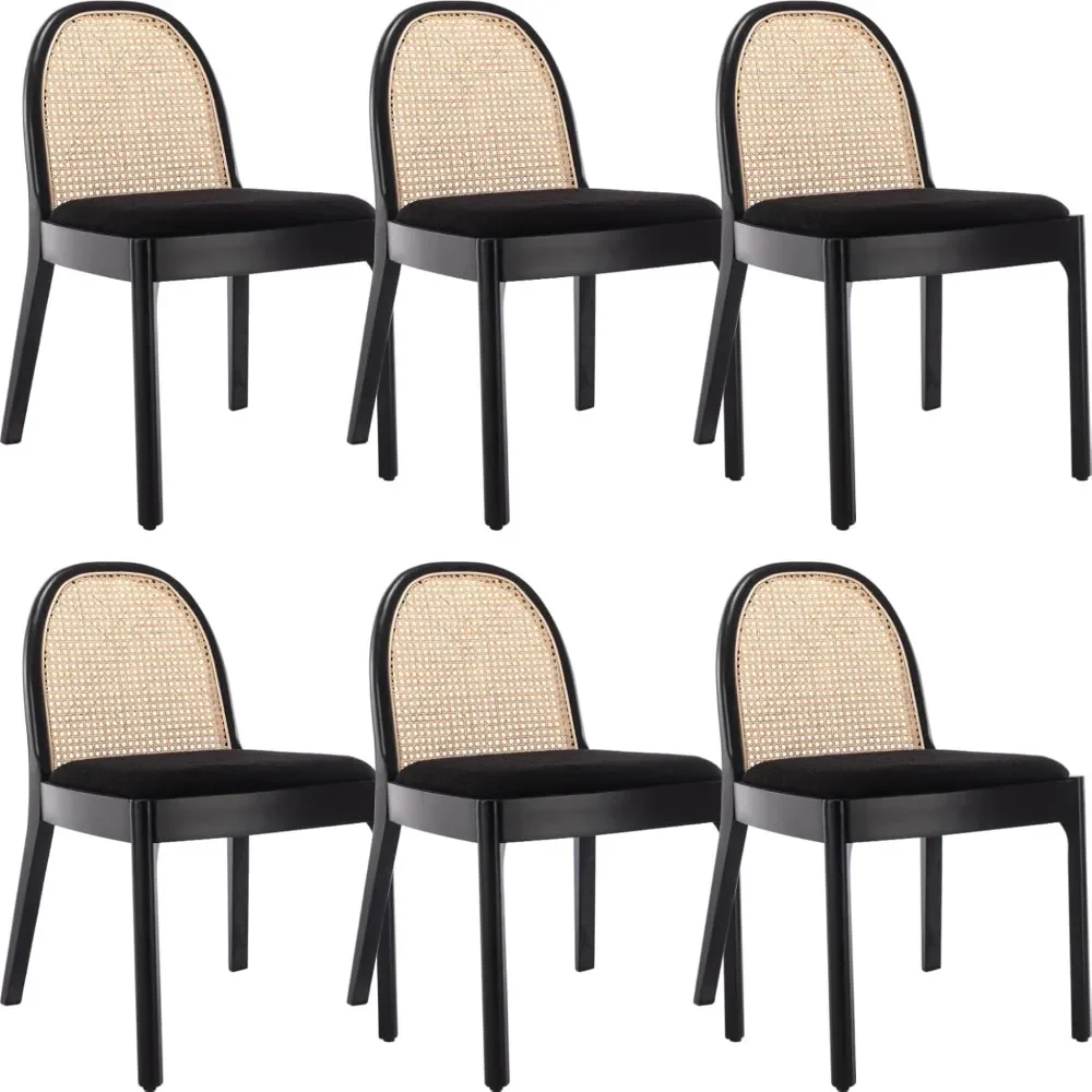 Dining Chair Set of 6 with Solid Wooden Legs, Accent Rattan Sherpa Fabric Side Chairs, Mid Century Dining Chair