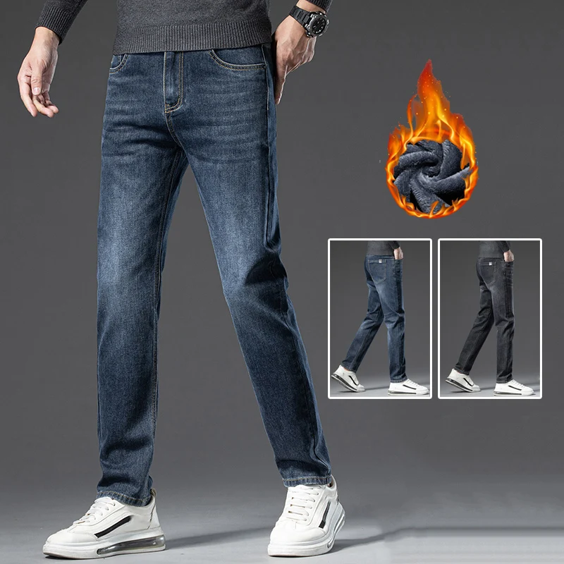 

High Quality Brand Men Winter Thermal Denim Pants Male Slim Fit Straight Leg Wash Jeans Snow Warm Plush Classic Work Trousers