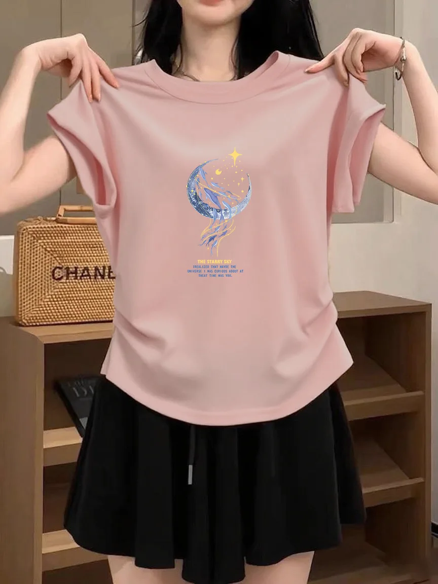 Slim Fit Short Sleeve T-Shirt Women's Cotton Summer Top Korean Style Printed round Neck Base Shirt Inner Wear Design Sensation
