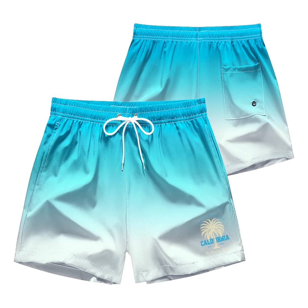 Men's Swim Trunks Beach Shorts Gradient Color Palm Tree Print Quick Dry Swimwear Mesh Lining Board Shorts Male Casual Shorts