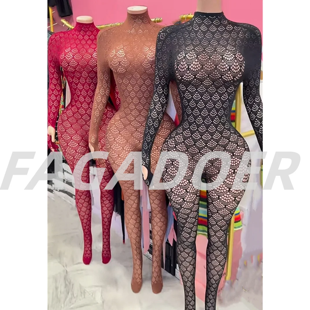 

FAGADOER Sexy Hollow Out Patchwork Bodycon Jumpsuits Women Lace See Through Long Sleeve Backless Rompers Female Party Clubwear