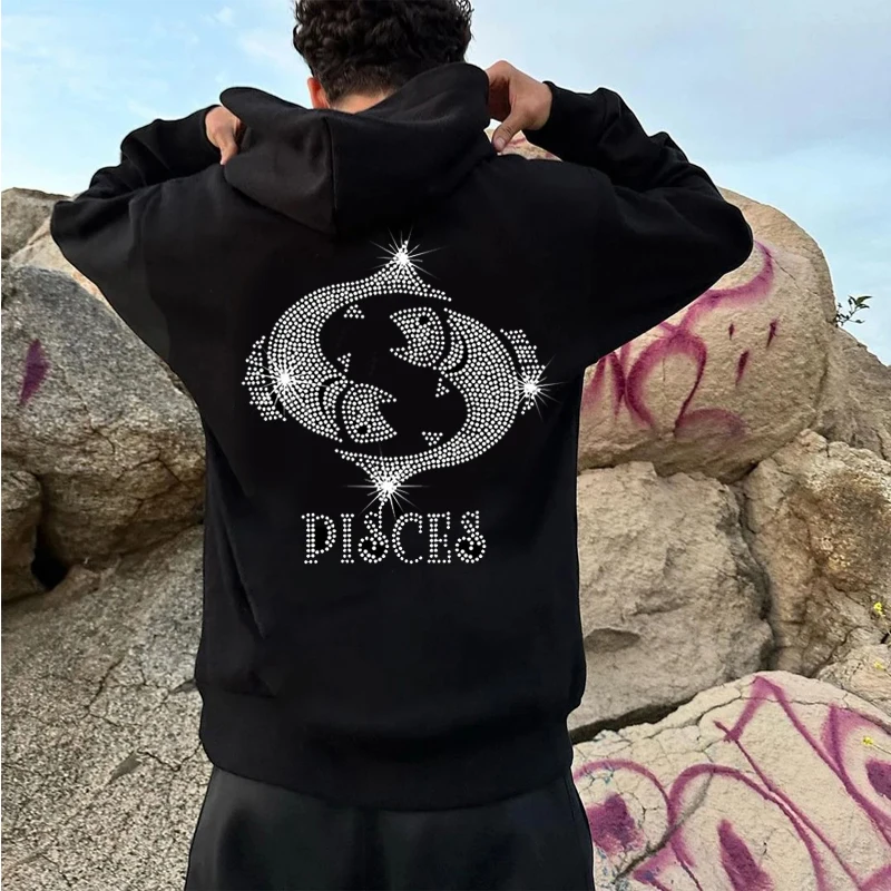 

Luxury Mens Loose Sweatshirt Hoodies Pisces Rhinestone Pattern pocket Hoody Male Casual HIP HOP Jacket Unisex Pullover Clothing