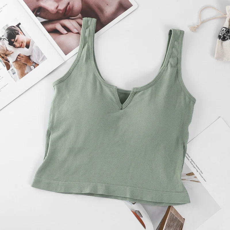 Sexy Women's Crop Color Tube Top Seamless Sports Tank Top with Wireless Underwear Padded Bra Bralette Vest Deep V-neck Camisole