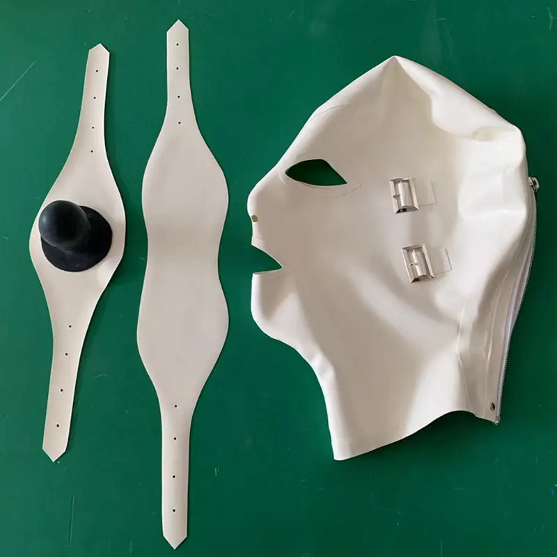 Handmade white Sexy Hot Sale Latex Rubber Hood Cover with  Mouth Tube Gag Removable Eyes and Mouth Open Mask Mouth Zipper Back