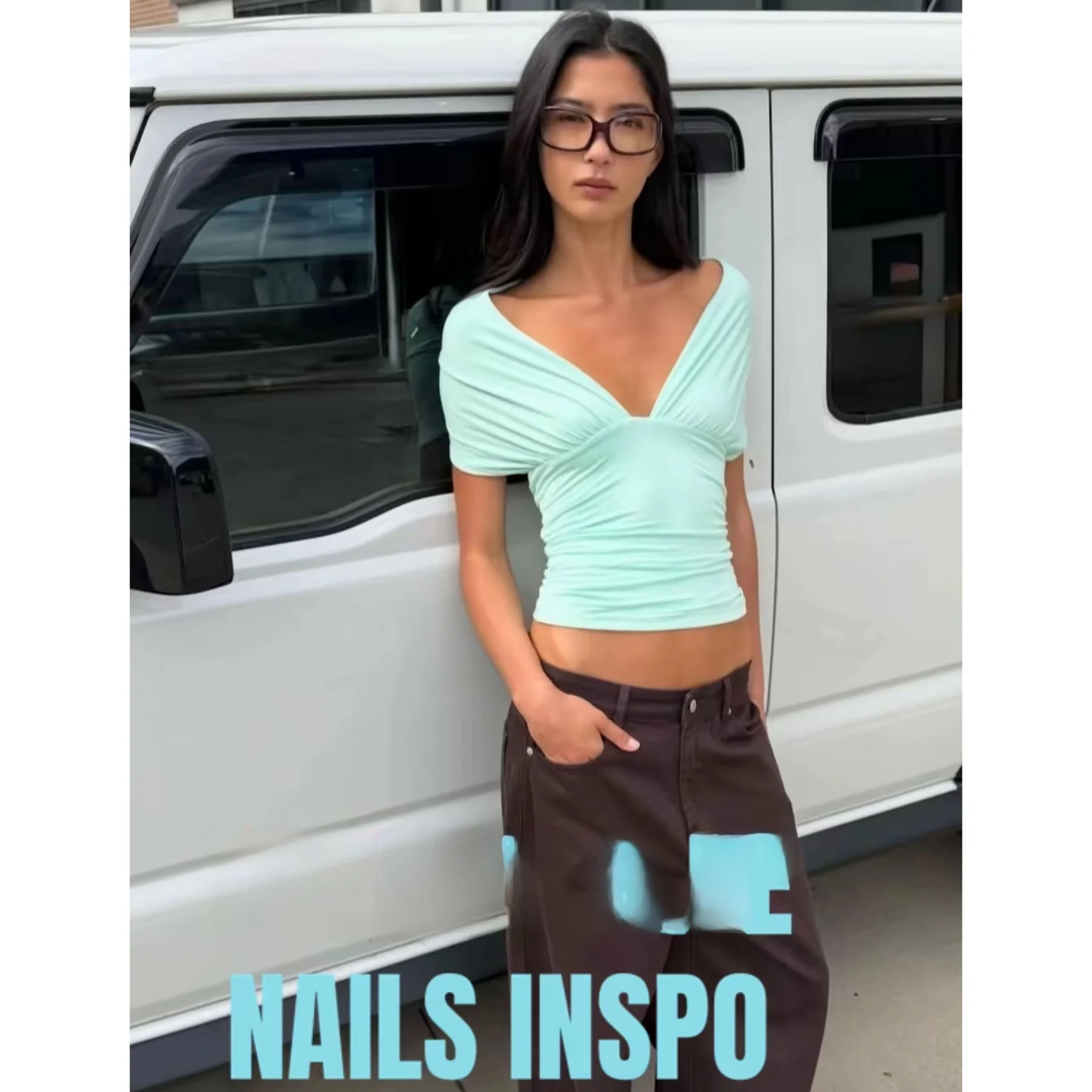 Low Cut V Neck Batwing Sleeve T Shirt Dress Striped Patchwork Fluorescent Mint Lake Blue Commute Style Korean Version Polyest...