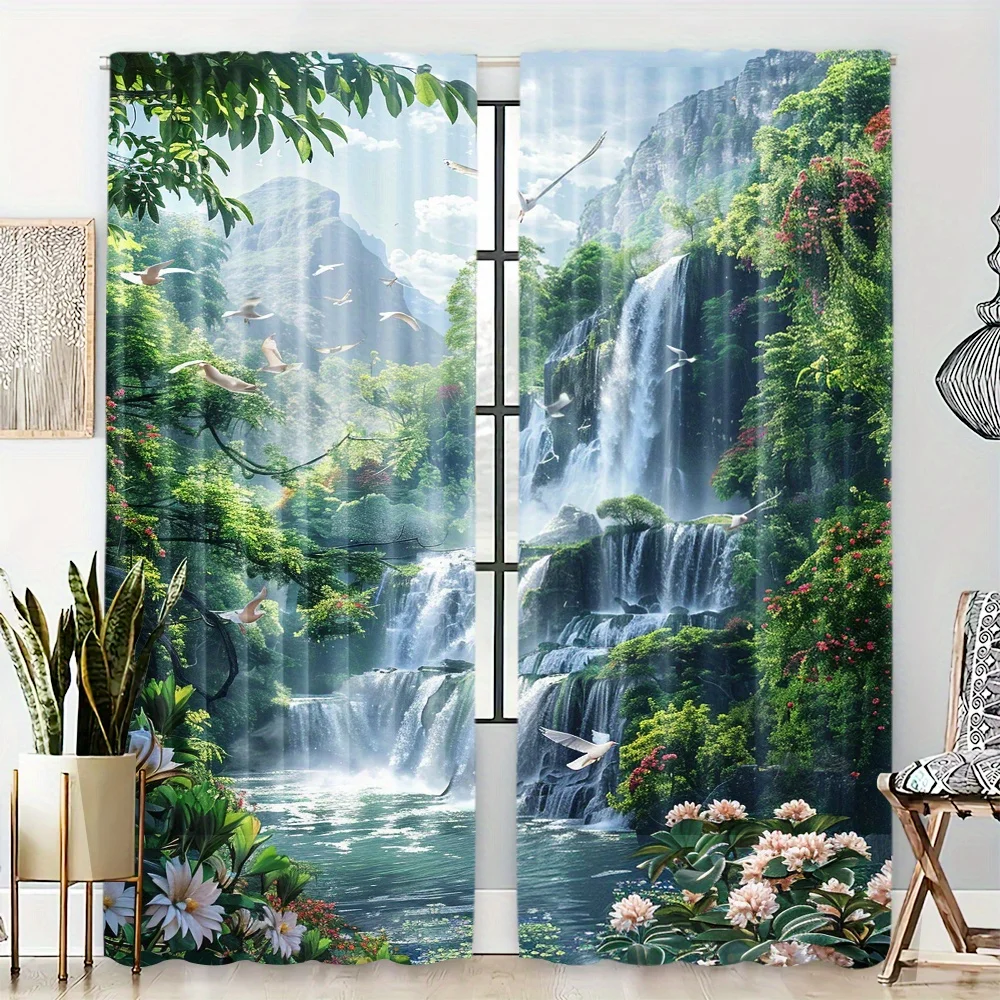 2 Pieces Stunning Forest Waterfall Landscape Curtain for Home Decor Rod Pocket Window Treatment for Bedroom Office Kitchen