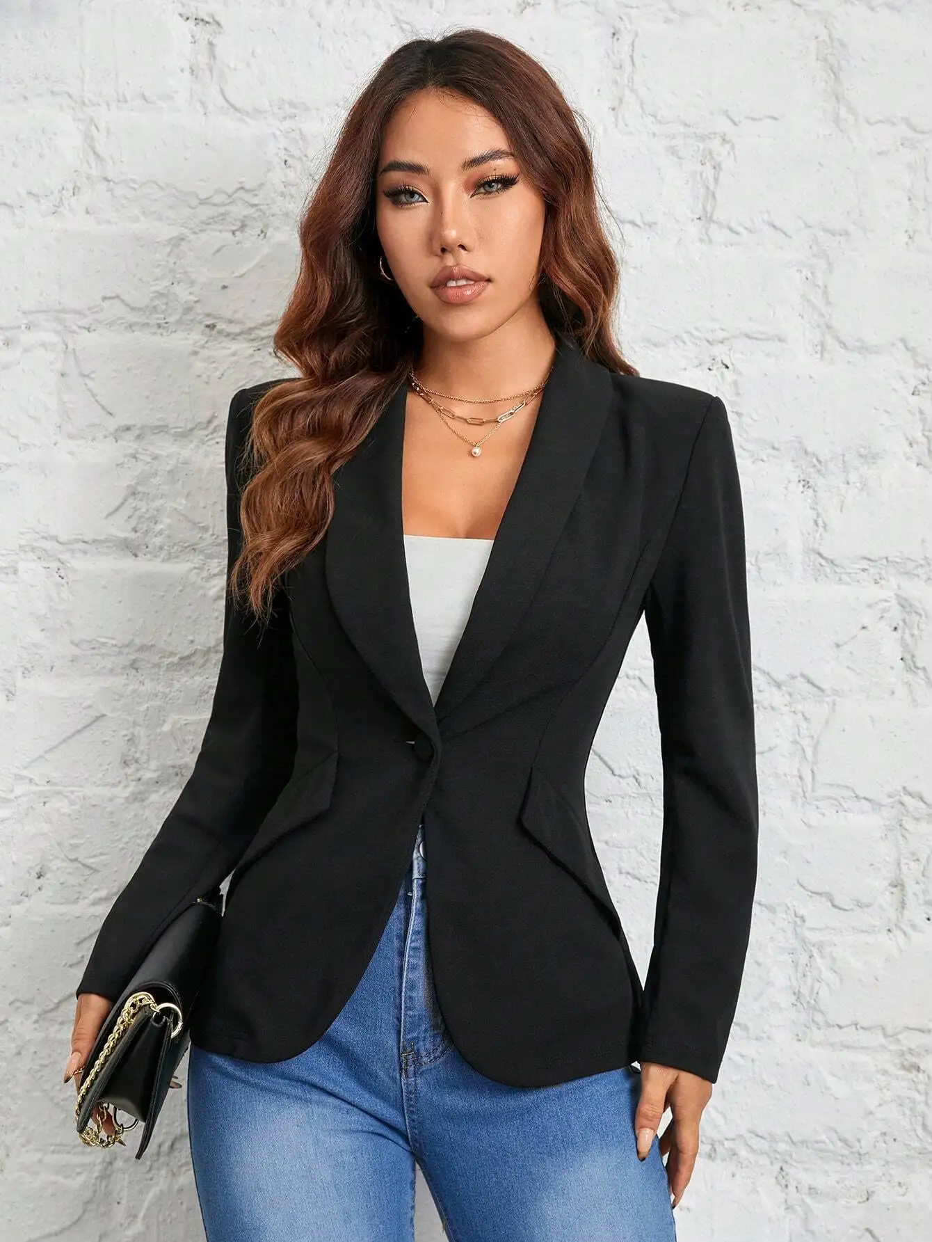 

Petite Black Shawl Collar Single-Button Blazer for Commuting & Business Casual