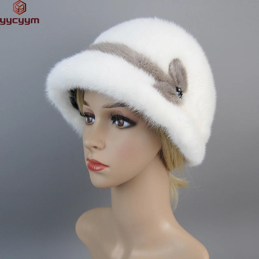 New Russian Girl Soft Knitting Real Fur Bucket Hats Woman Hat Winter Solid Mink Caps With Fashion arrow Natural Mink Fur Hats