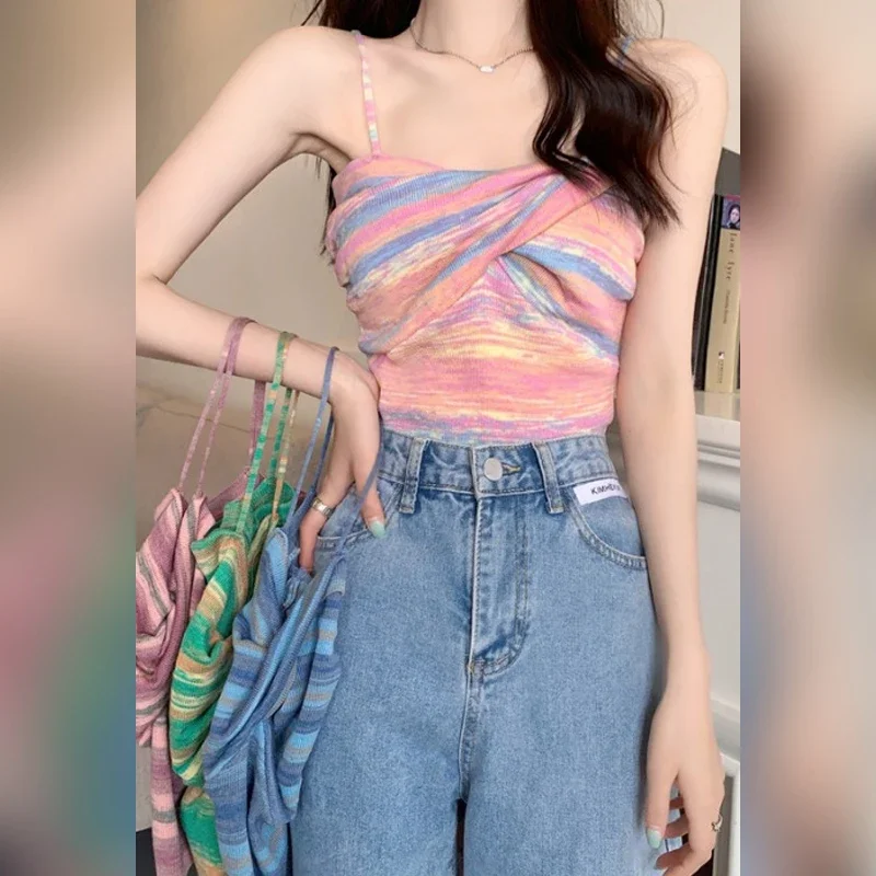 Women's Striped Patchwork Halter T-Shirt Off-Shoulder Slash Neck Camisole Vest Streetwear Sexy Club Sheer Tunic Top