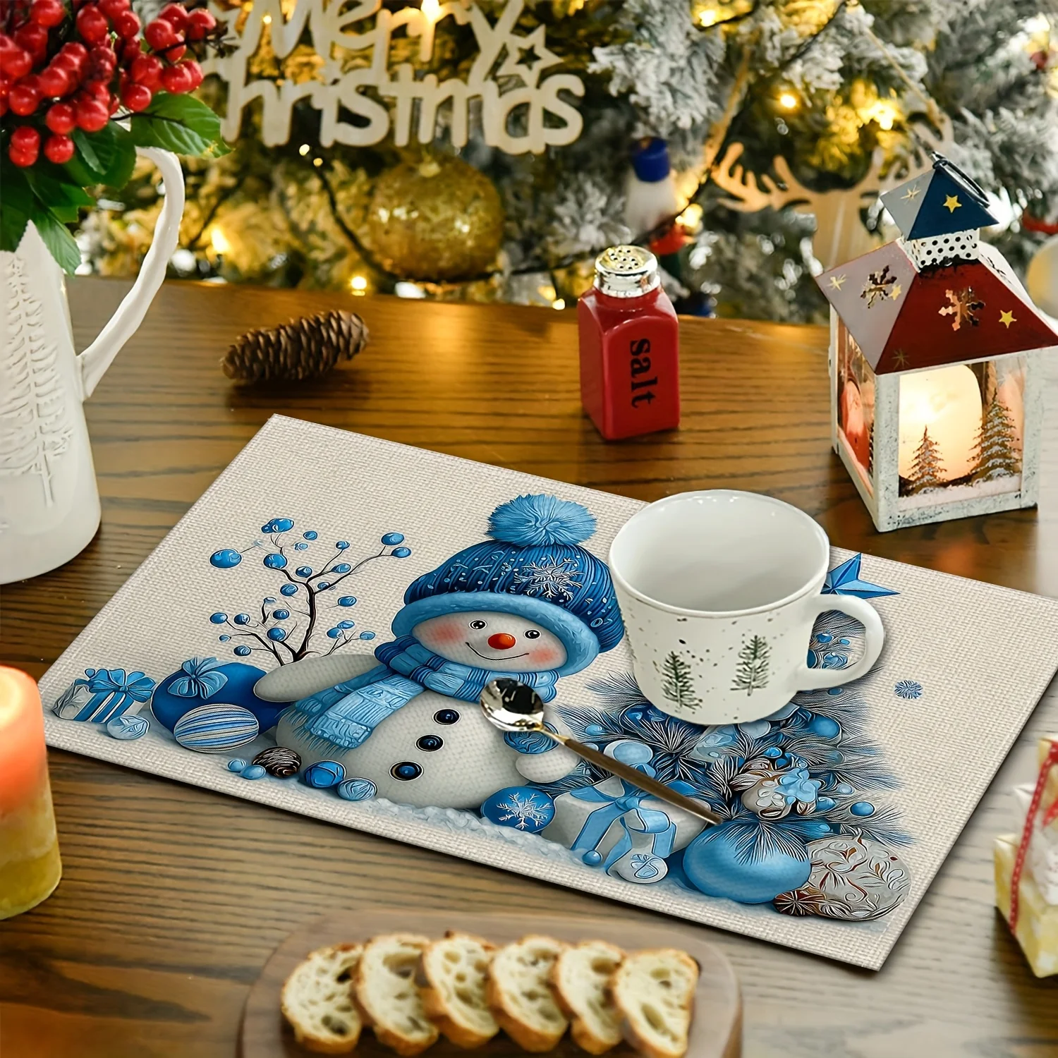 2pc Christmas Snowman PlacematsCute Blue SnowmanChristmas Tree Linen Table MatsSuitable For Holiday Kitchen Table DecorDaily Use
