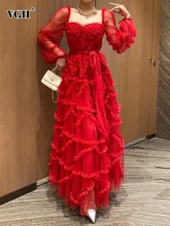 VGH Elegant Evening Dresses For Women Square Collar Long Sleeve High Waist Backless Spliced Edible Tree Fungus Dress Female New