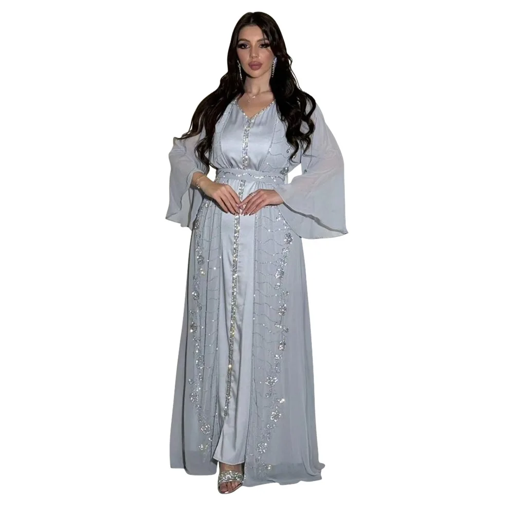 New Dubai Morocco Party Dress Women Muslim Abaya Diamond Ramadan Chiffon Kaftan Robe Turkey Gown 2PCS Set Jalabiya Gown Vestidos