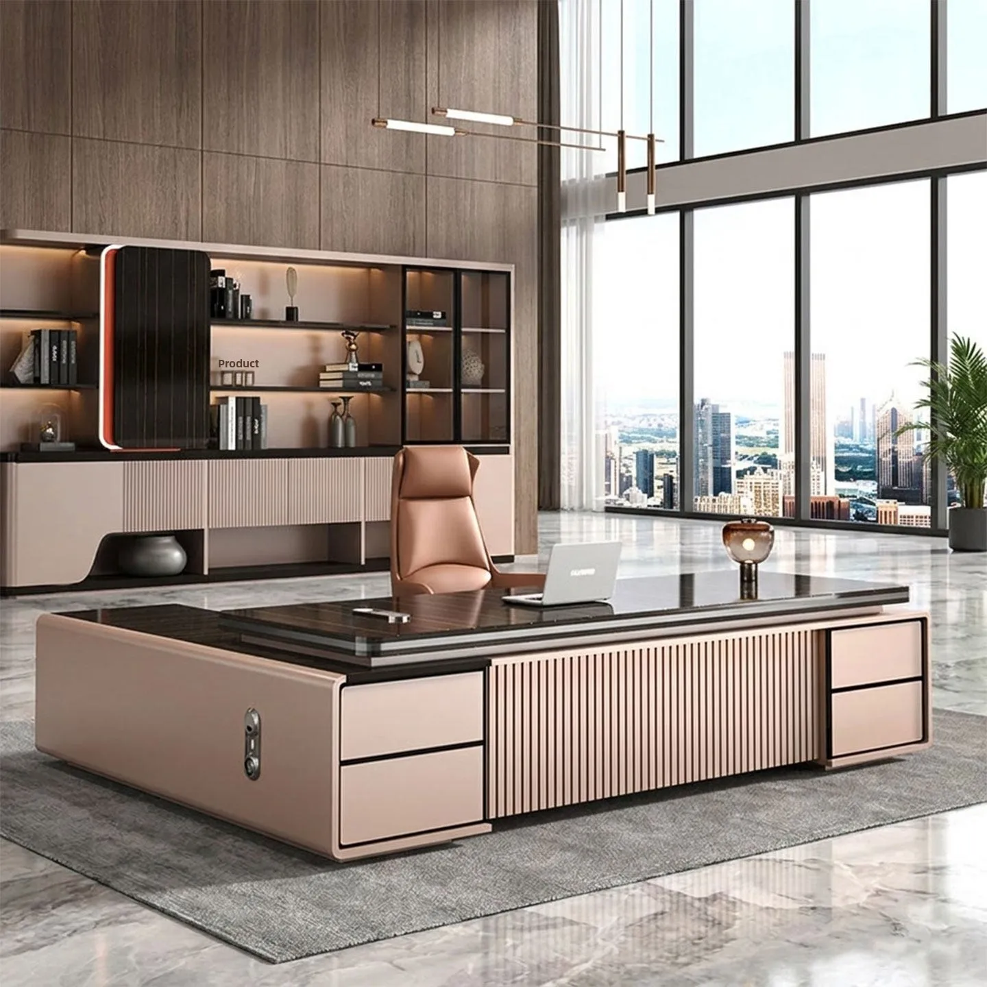 *Boss's Office Desk Light Luxury Modern Minimalism L-shaped Desk with Side Cabinet for Leadership Office